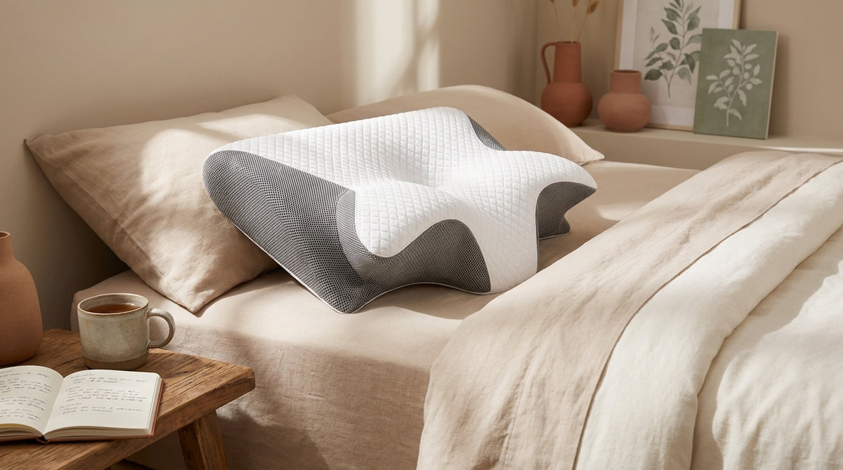 Ergonomic dual-height memory foam cervical pillow with textured white and grey cover resting on a linen bed in morning light