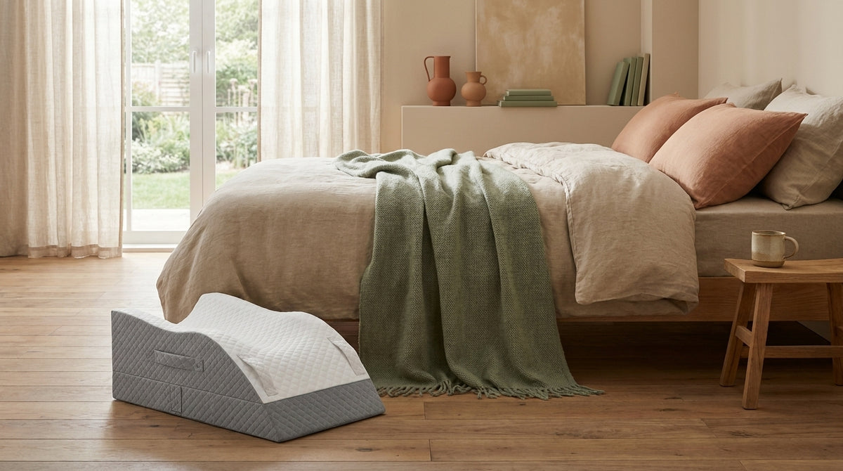 Two-tone grey and white contoured memory foam leg elevation wedge pillow in a calm, sunlit bedroom setting