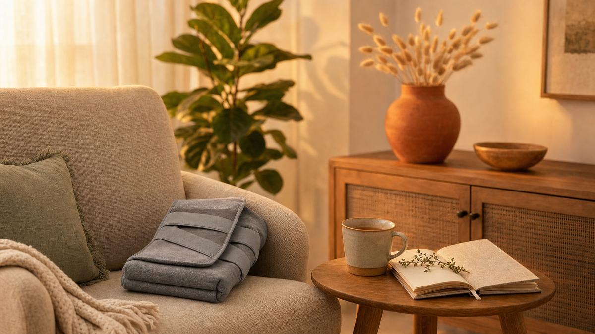 Folded grey heating wrap on a textured linen armchair with herbal tea and a reading journal in a cozy warm living room