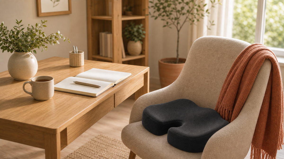 Empty wooden chair with a black memory foam U-cut seat cushion in a warm sunlit home office