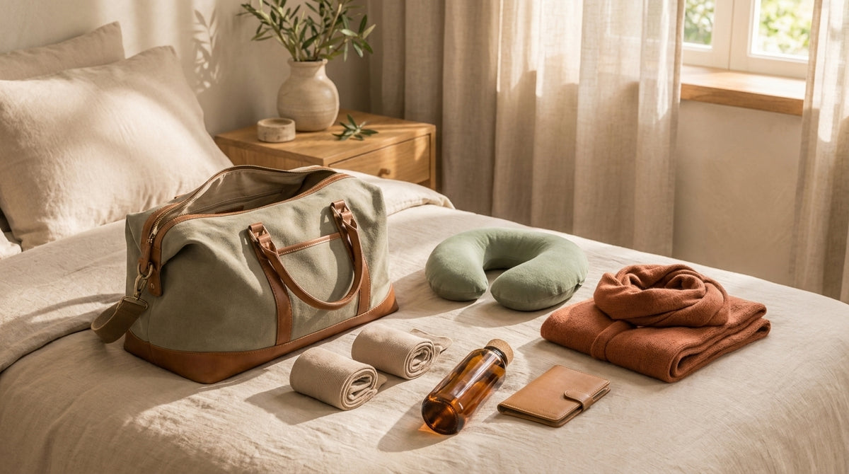 Calm travel packing scene on a linen bed with open duffel bag, folded compression socks, neck cushion, water bottle, and knit scarf in morning sunlight