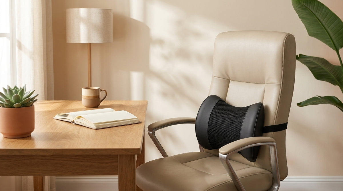 Contoured memory foam lumbar support cushion with adjustable strap secured to a linen and wood desk chair in a calm home office