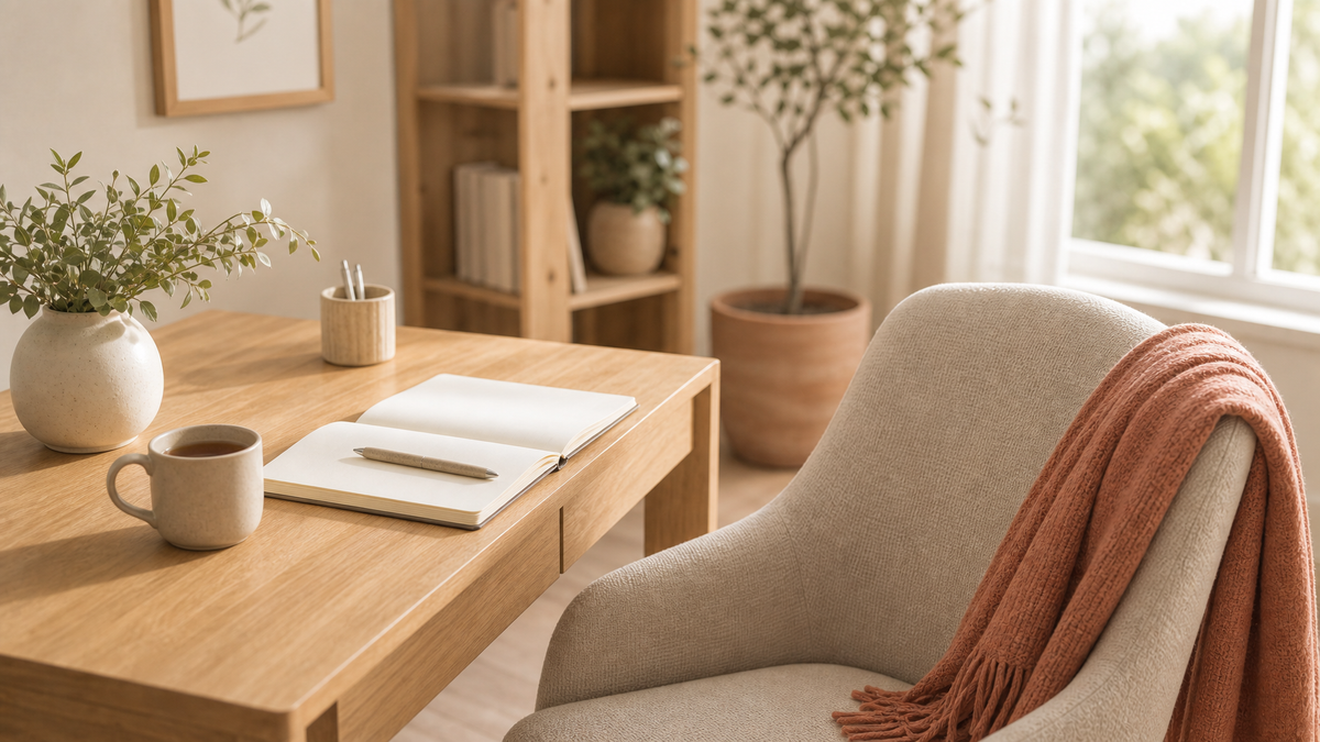 Calm home office desk with linen chair, notebook, and tea in warm natural light, ready for a comfortable desk day