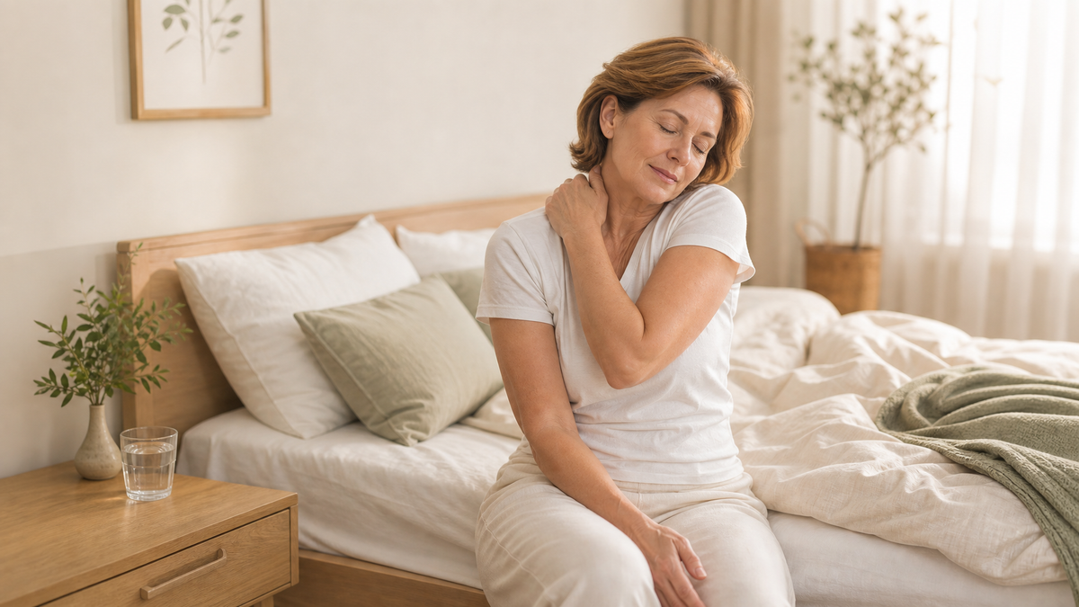 Mature woman sitting on the edge of a sunlit bed in the morning, gently easing neck and shoulder stiffness after sleep