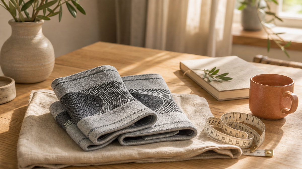 Neatly folded grey knit compression knee sleeves, tailoring measuring tape, ceramic mug, and notebook on a sunlit wooden table