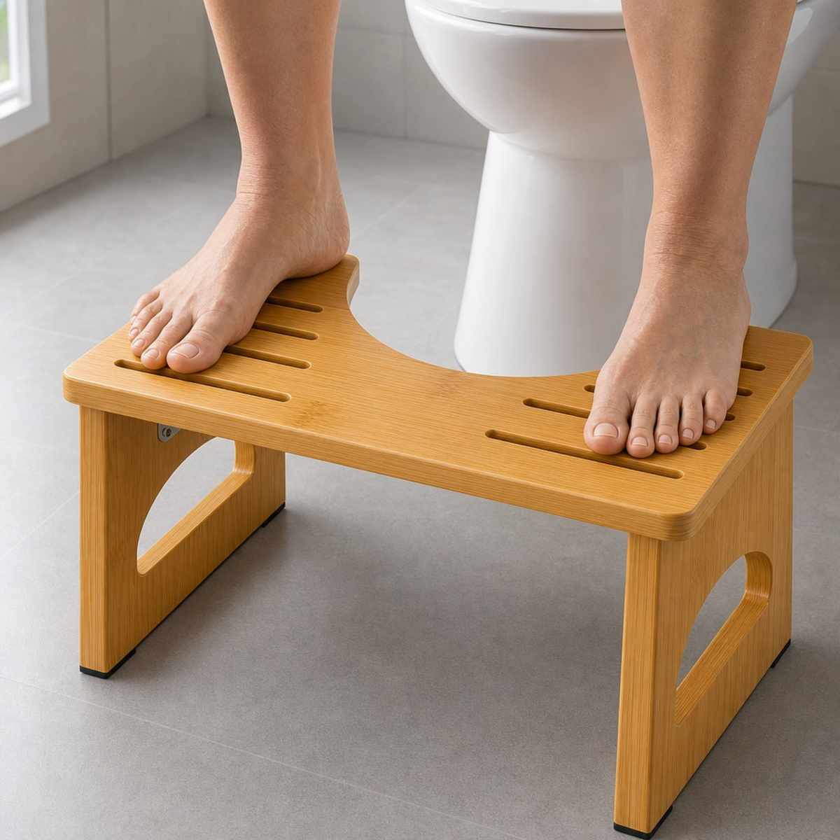 Bamboo Squatting Toilet Stool 7 Inch, Foldable Bathroom Step Stool with Non-Slip Pads, up to 300 lb Capacity, Home Bathroom Everyday Use