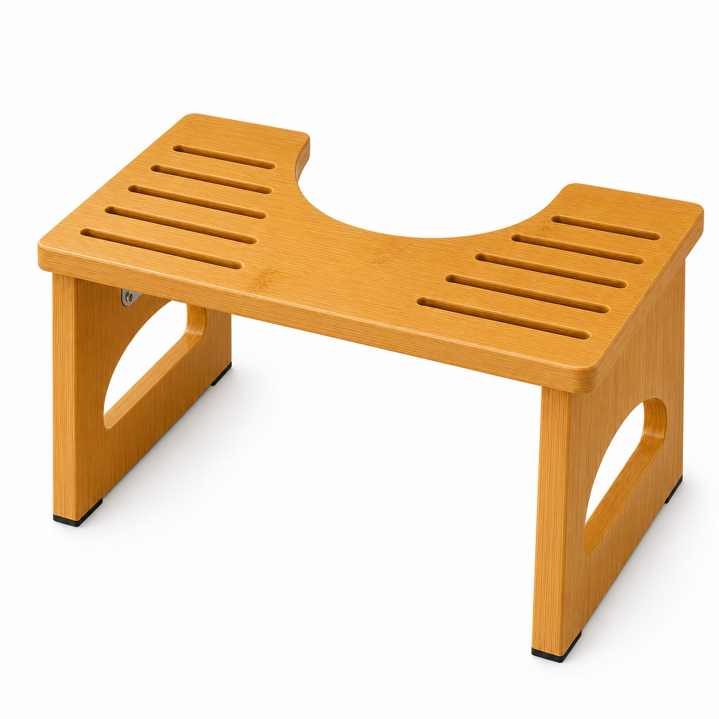 Bamboo Squatting Toilet Stool 7 Inch, Foldable Bathroom Step Stool with Non-Slip Pads, up to 300 lb Capacity, Home Bathroom Everyday Use