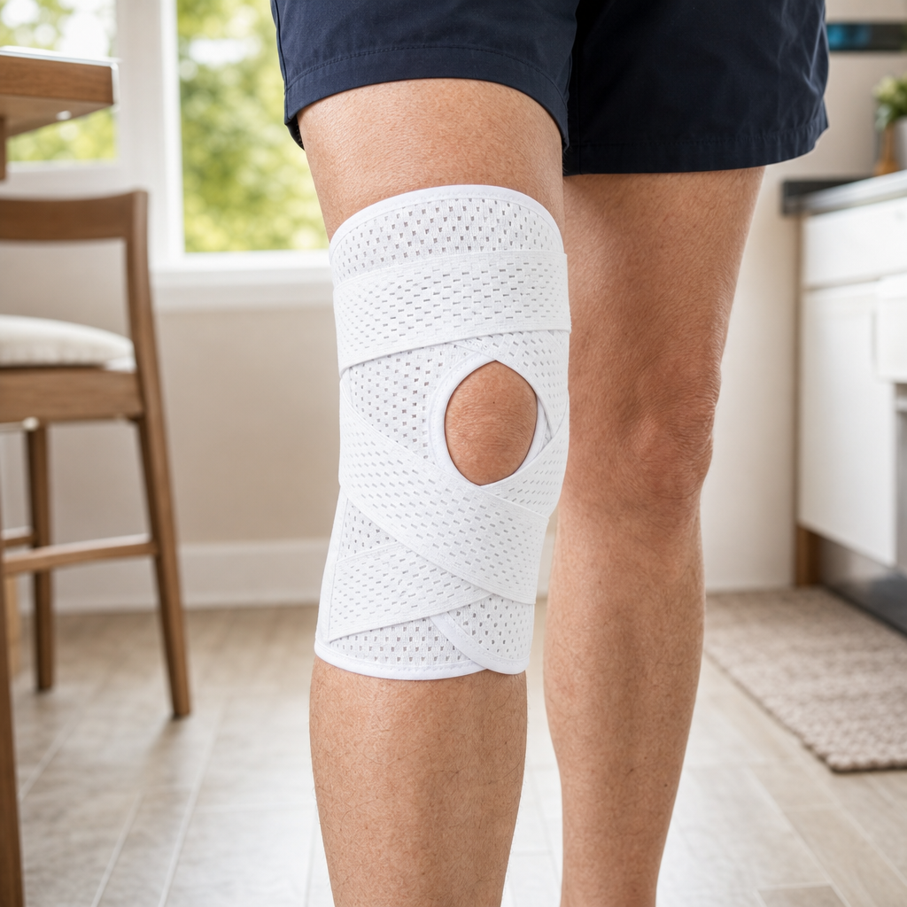 Knee Brace with Side Stabilizers, Open Patella Dual V-Strap Adjustable Support, Breathable Polyester, Men and Women, Walking and Everyday Wear