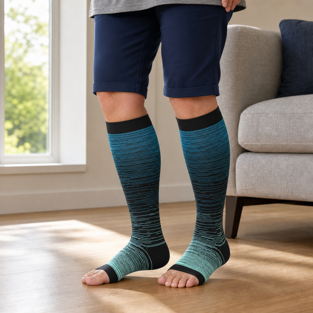 Open Toe Compression Socks 20-30 mmHg, Knee High Graduated Support, Toeless 3-Pair Pack for Men and Women, Standing Travel Work Everyday Wear
