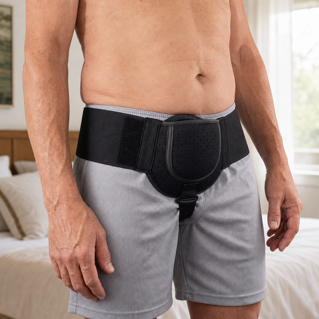 Adjustable Groin Support Belt with Removable Pad, Left or Right Side, Breathable Black, Sizes S and M for Men and Women Everyday Wear