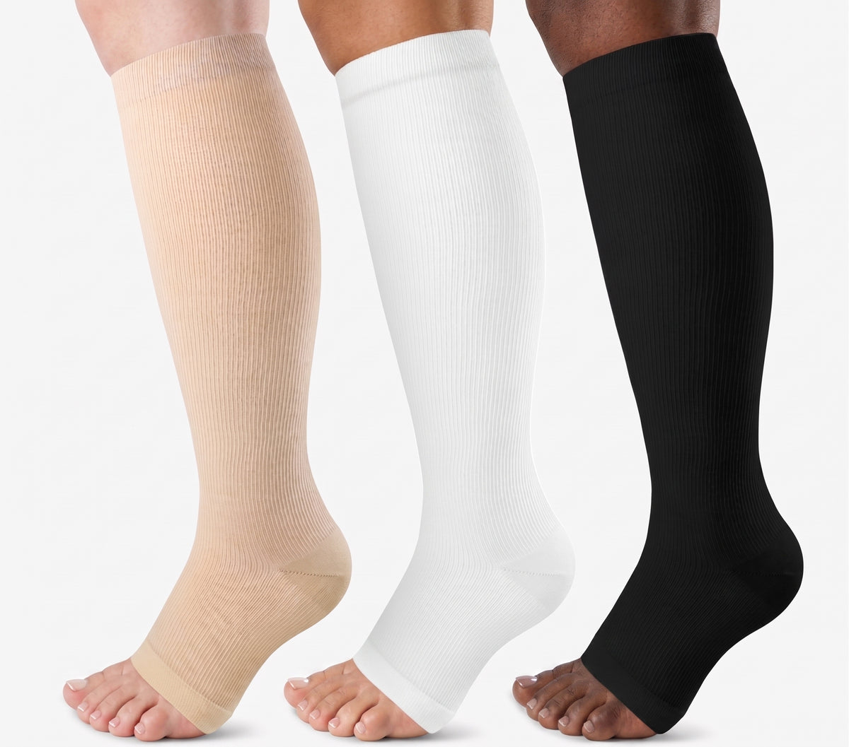 Open Toe Compression Socks 20-30 mmHg, Knee High Graduated Support, Toeless 3-Pair Pack for Men and Women, Standing Travel Work Everyday Wear