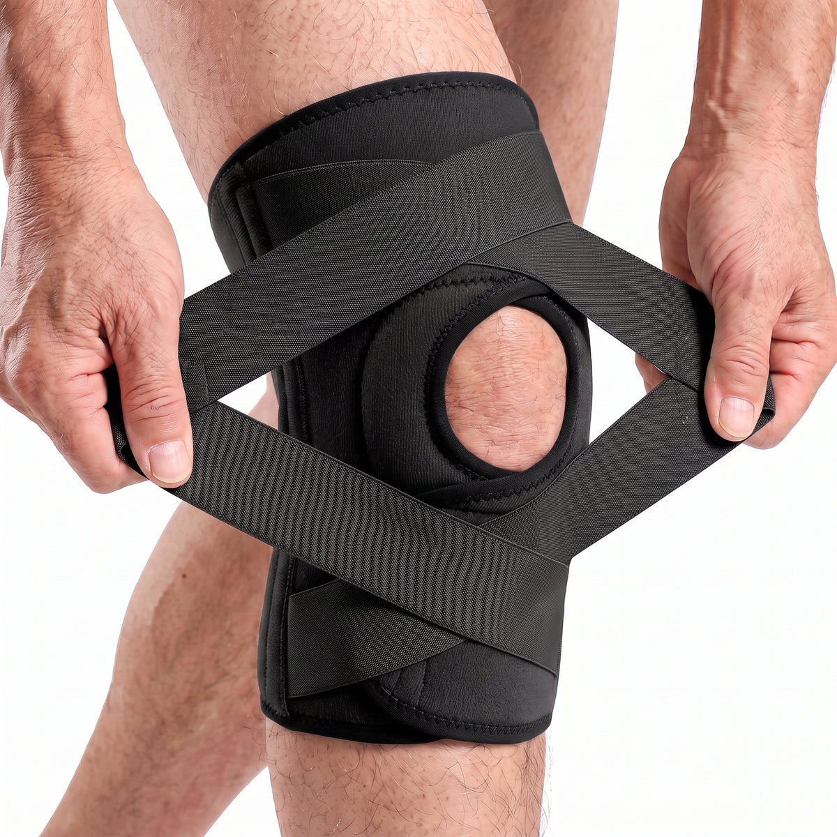 Knee Brace Side Spring Stabilizers Open Patella X Straps, Adjustable Breathable Support, Men and Women Sizes S-XXL, Walking Workouts Everyday Wear