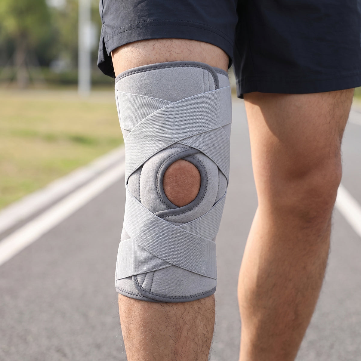 Knee Brace Side Spring Stabilizers Open Patella X Straps, Adjustable Breathable Support, Men and Women Sizes S-XXL, Walking Workouts Everyday Wear