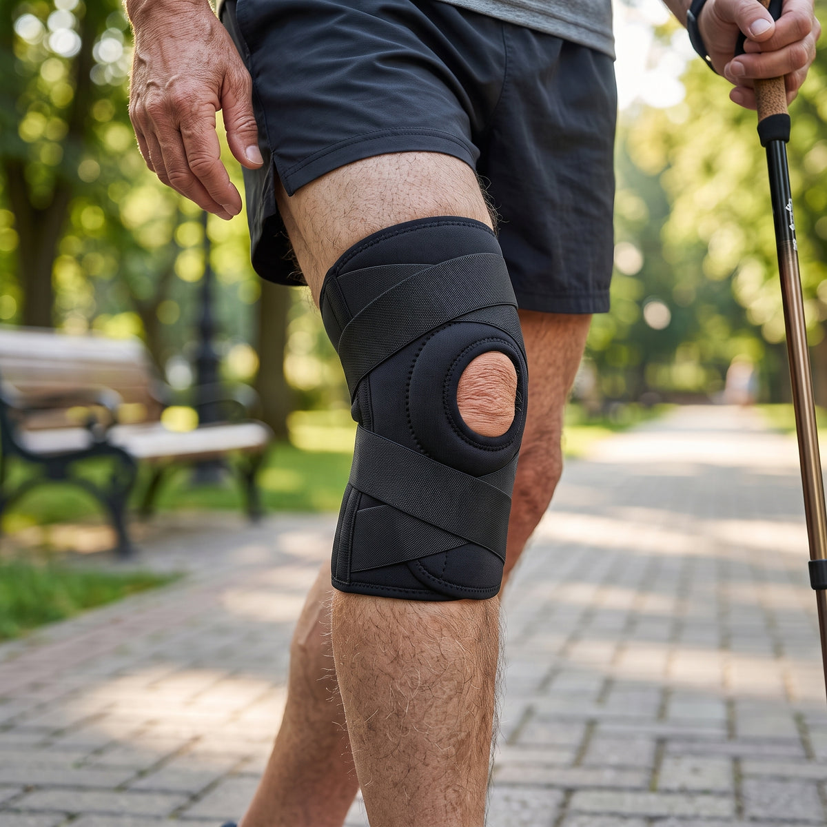 Knee Brace Side Spring Stabilizers Open Patella X Straps, Adjustable Breathable Support, Men and Women Sizes S-XXL, Walking Workouts Everyday Wear