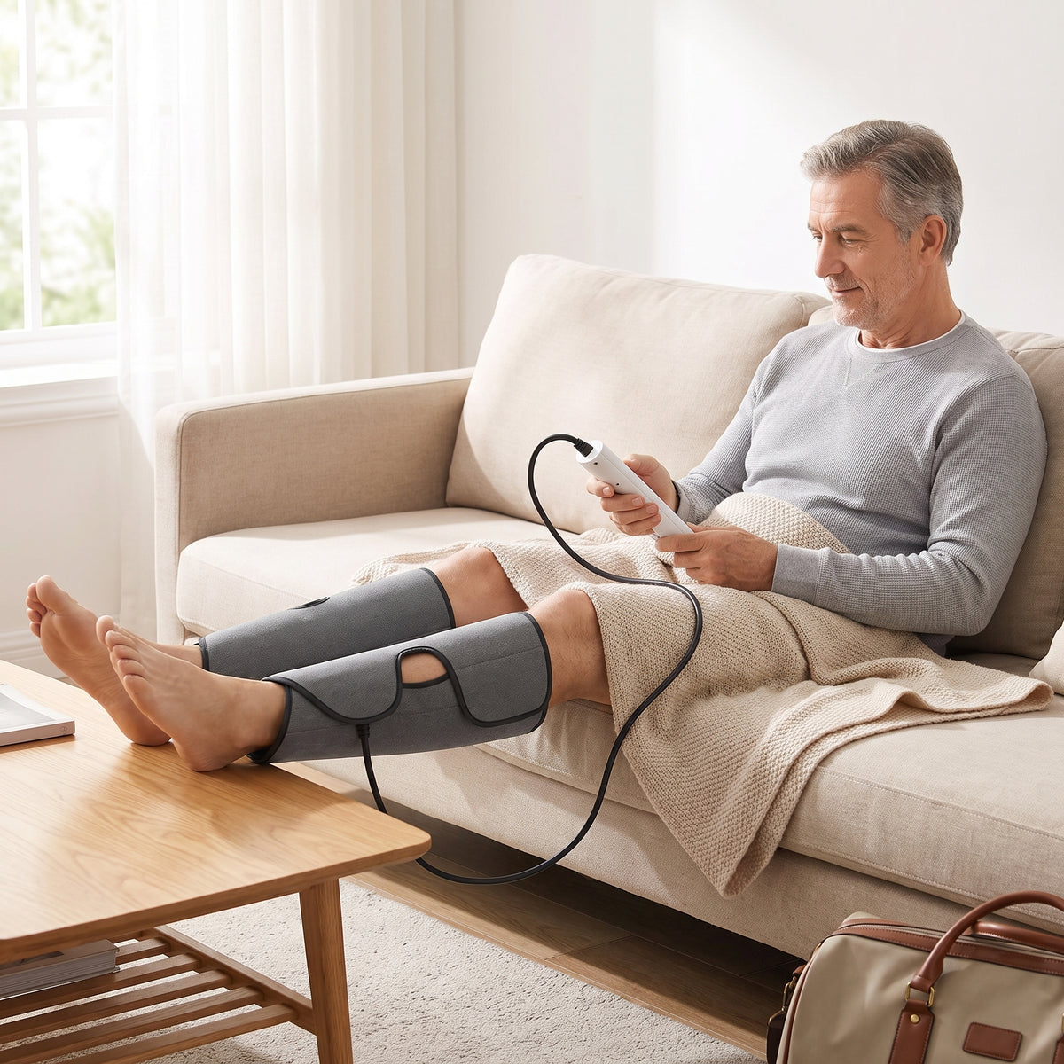 Air Compression Leg Massager 3 Modes 3 Intensities, Auto-Off Timer Handheld Controller, Fits Calves to 21 In, Travel Bag Home and Recovery Use
