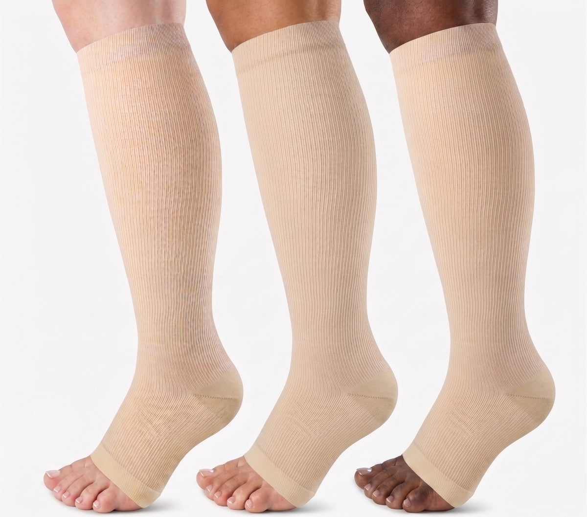 Open Toe Compression Socks 20-30 mmHg, Knee High Graduated Support, Toeless 3-Pair Pack for Men and Women, Standing Travel Work Everyday Wear