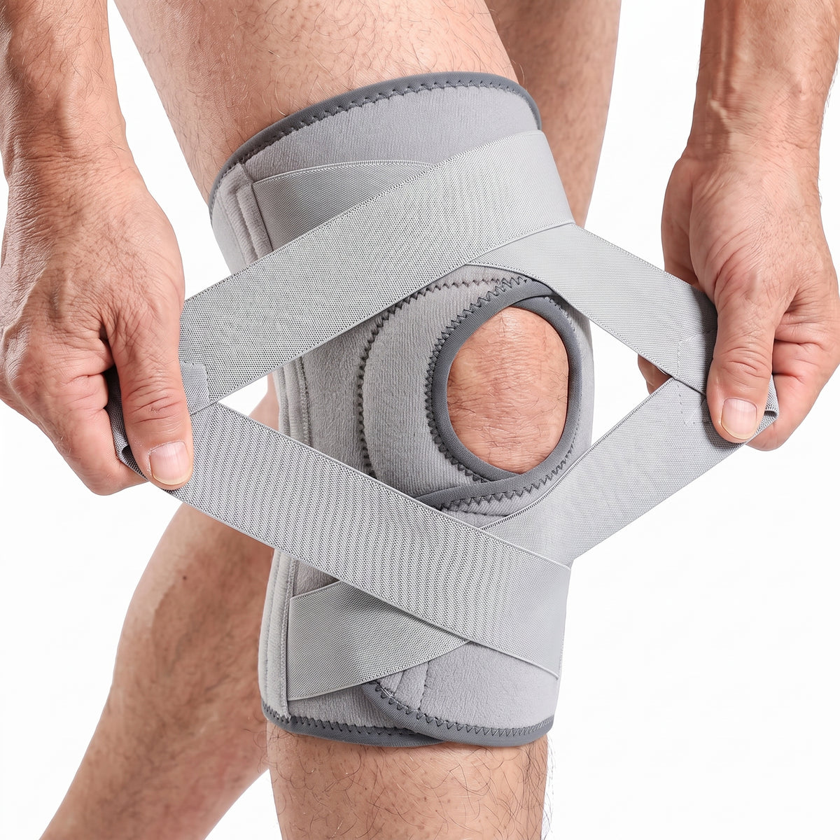Knee Brace Side Spring Stabilizers Open Patella X Straps, Adjustable Breathable Support, Men and Women Sizes S-XXL, Walking Workouts Everyday Wear