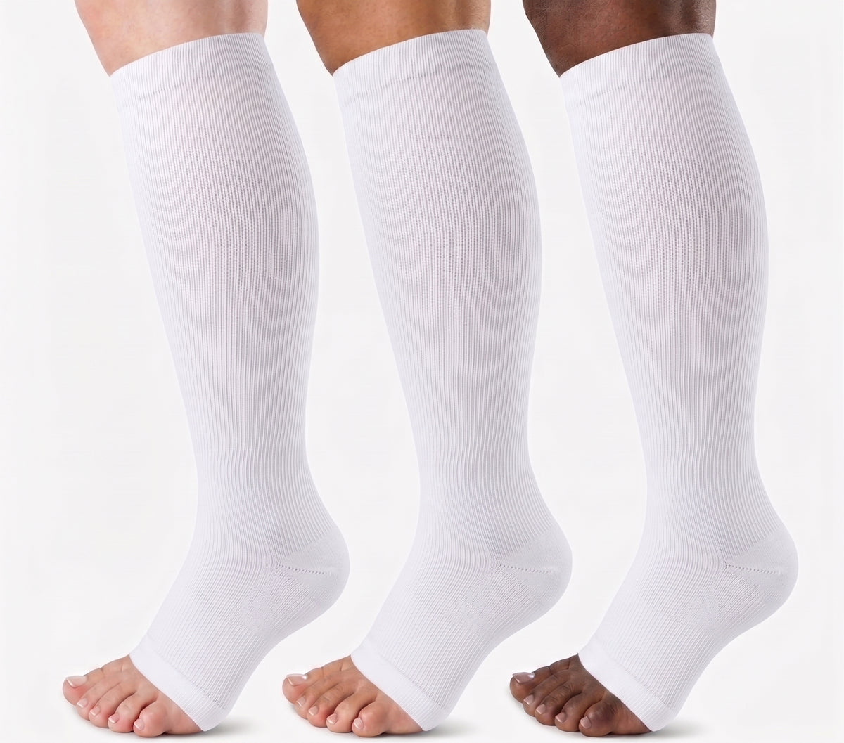Open Toe Compression Socks 20-30 mmHg, Knee High Graduated Support, Toeless 3-Pair Pack for Men and Women, Standing Travel Work Everyday Wear