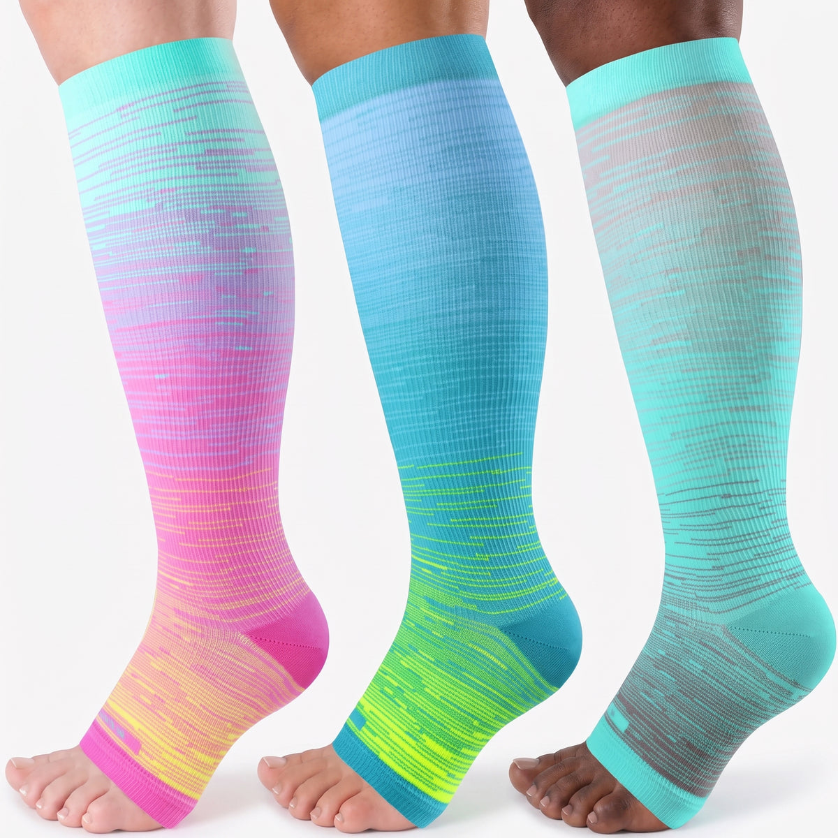 Open Toe Compression Socks 20-30 mmHg, Knee High Graduated Support, Toeless 3-Pair Pack for Men and Women, Standing Travel Work Everyday Wear