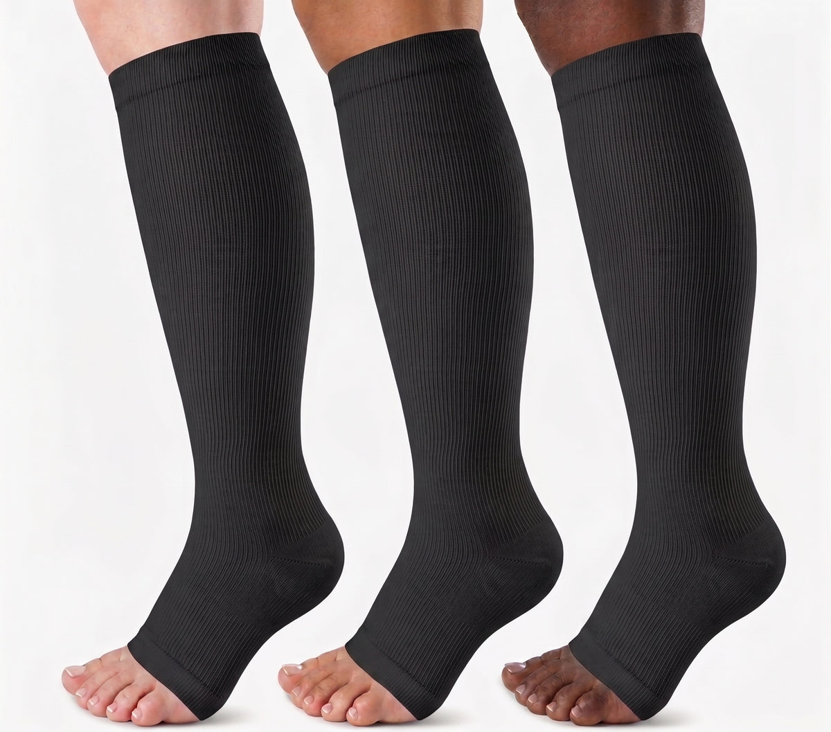 Open Toe Compression Socks 20-30 mmHg, Knee High Graduated Support, Toeless 3-Pair Pack for Men and Women, Standing Travel Work Everyday Wear