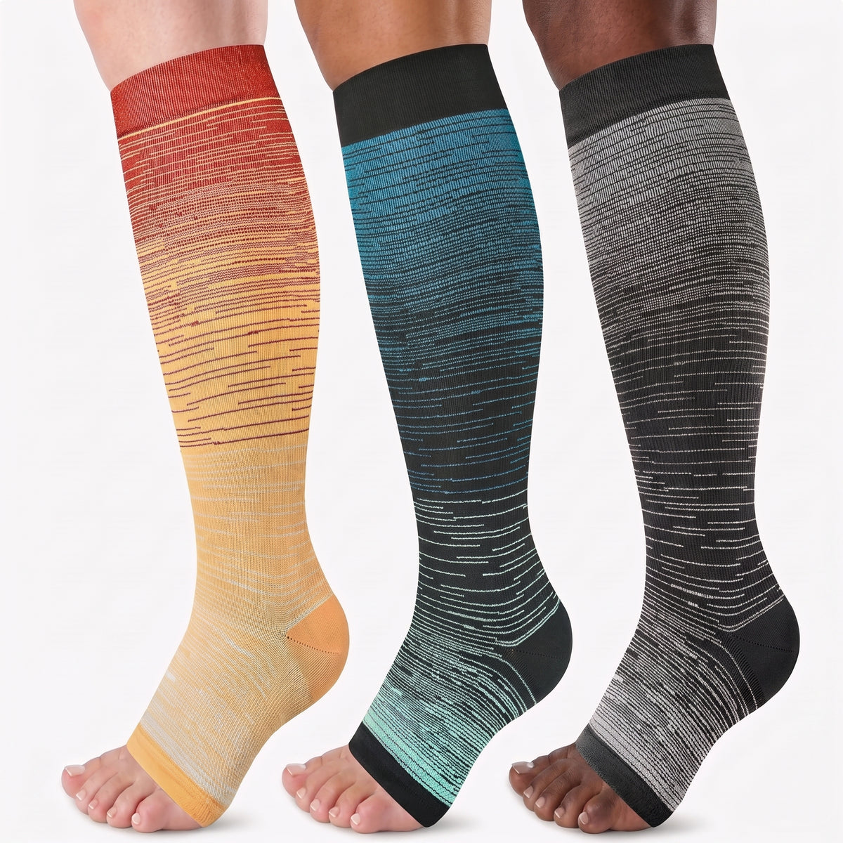 Open Toe Compression Socks 20-30 mmHg, Knee High Graduated Support, Toeless 3-Pair Pack for Men and Women, Standing Travel Work Everyday Wear