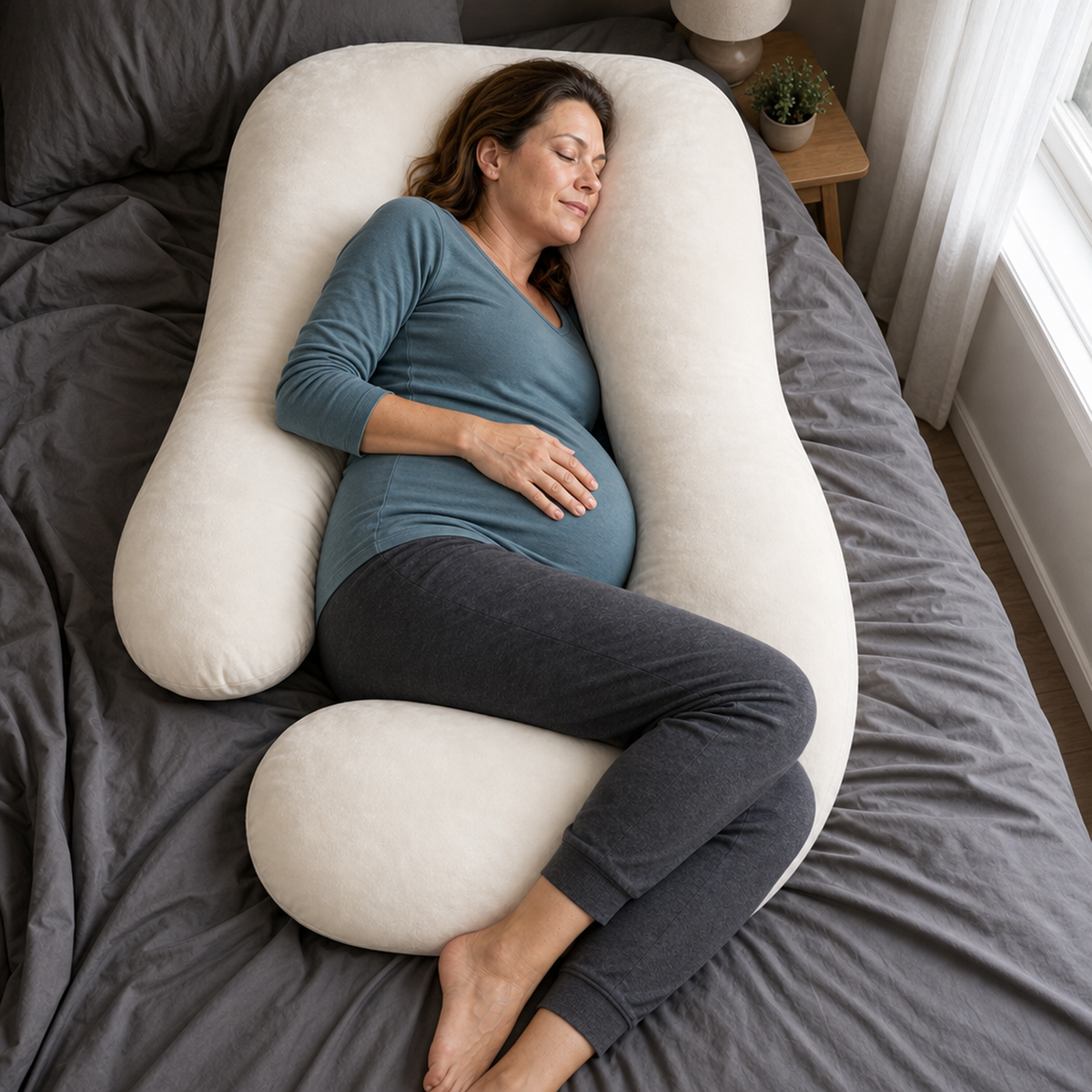 A pregnant woman lies on a bed using a large U-shaped maternity pillow. She is wearing a slate blue long-sleeve top and dark gray leggings.