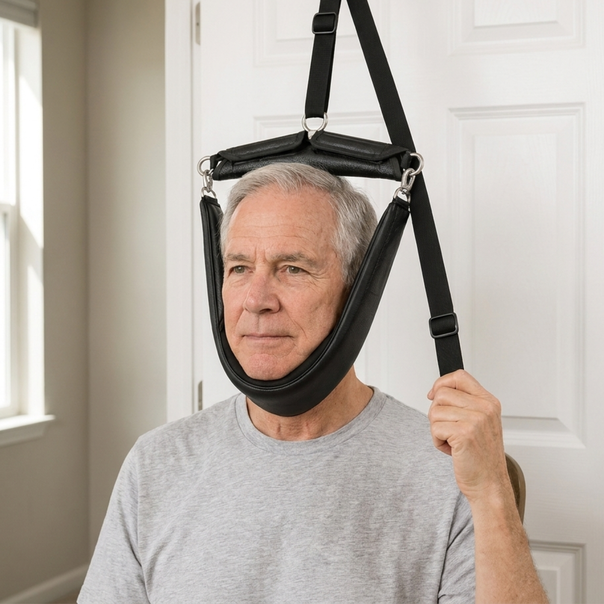 Portable Cervical Traction Neck Stretcher Door Hanger Harness Kit, Adjustable Strap, Home Office and Travel Neck Support Black Everyday Use