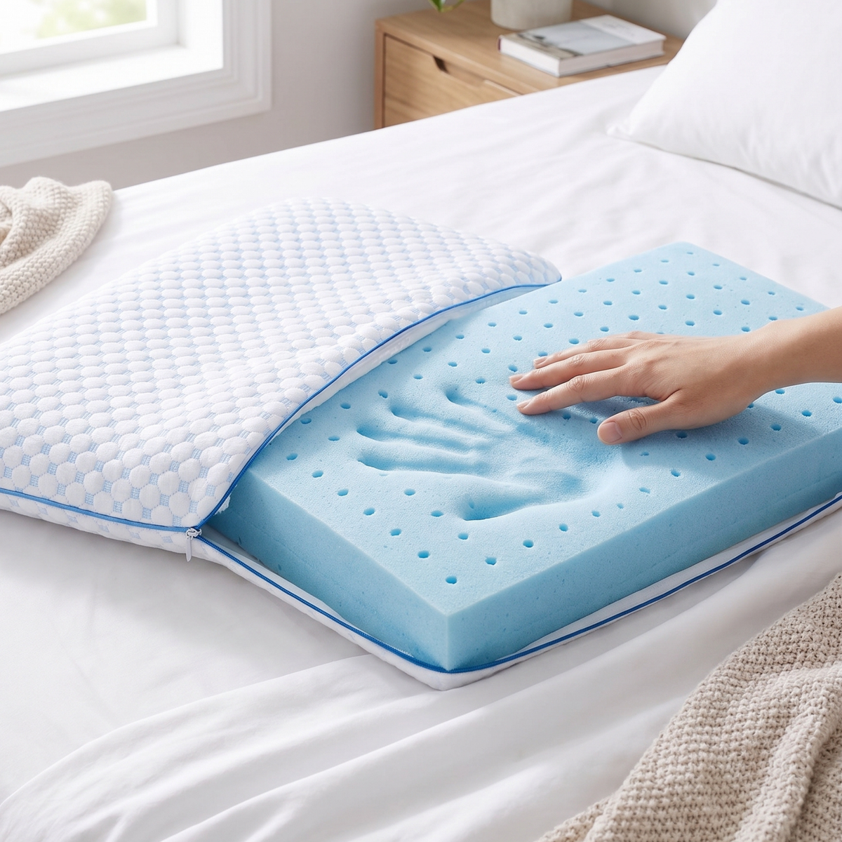 Thin Cooling Gel Memory Foam Pillow, Low Profile Flat Pillow for Stomach and Back Sleepers, Washable Dual Cool Cover Multi Height