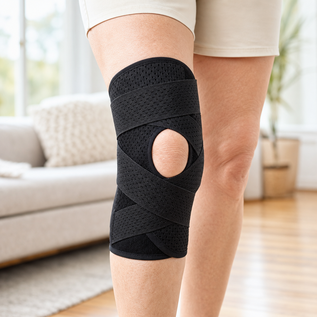 Knee Brace with Side Stabilizers, Open Patella Dual V-Strap Adjustable Support, Breathable Polyester, Men and Women, Walking and Everyday Wear