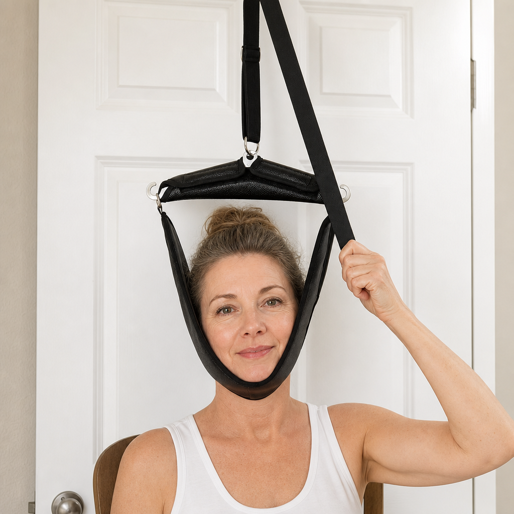 Portable Cervical Traction Neck Stretcher Door Hanger Harness Kit, Adjustable Strap, Home Office and Travel Neck Support Black Everyday Use