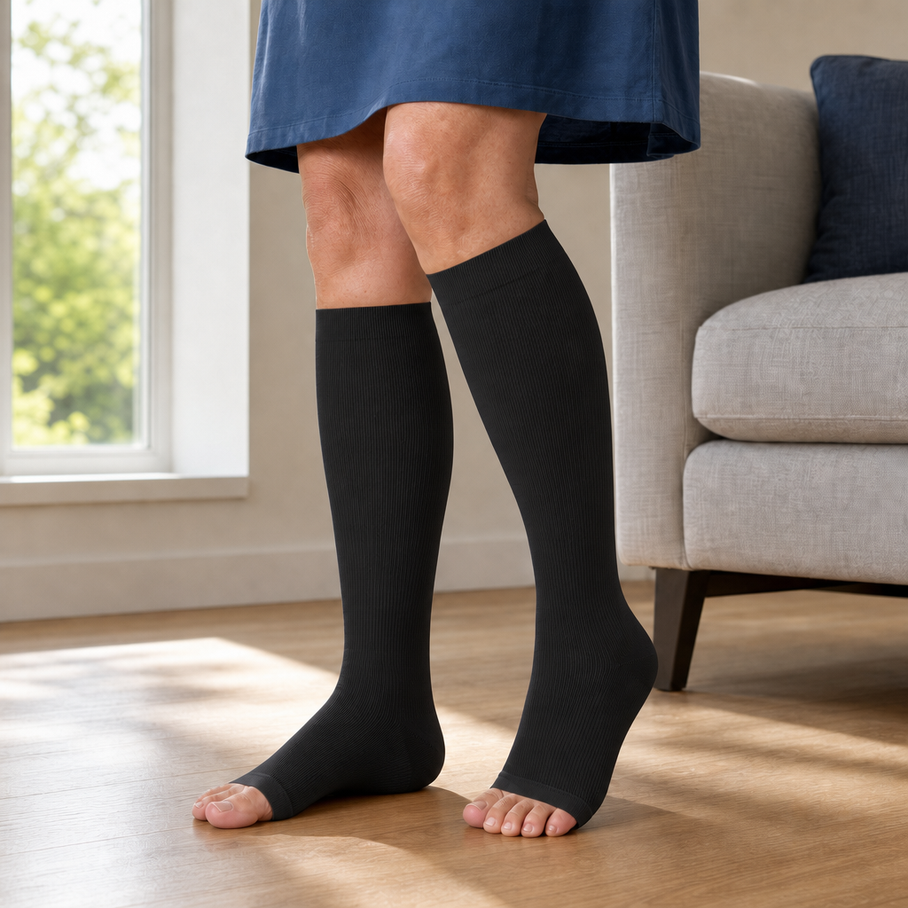 Open Toe Compression Socks 20-30 mmHg, Knee High Graduated Support, Toeless 3-Pair Pack for Men and Women, Standing Travel Work Everyday Wear