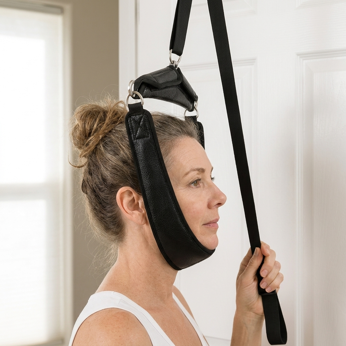 Portable Cervical Traction Neck Stretcher Door Hanger Harness Kit, Adjustable Strap, Home Office and Travel Neck Support Black Everyday Use