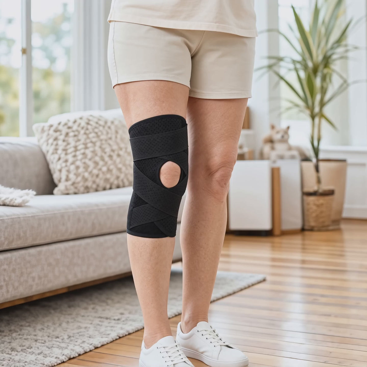 Load video: Knee Brace with Side Stabilizers, Open Patella Dual V-Strap Adjustable Support, Breathable Polyester, Men and Women, Walking and Everyday Wear