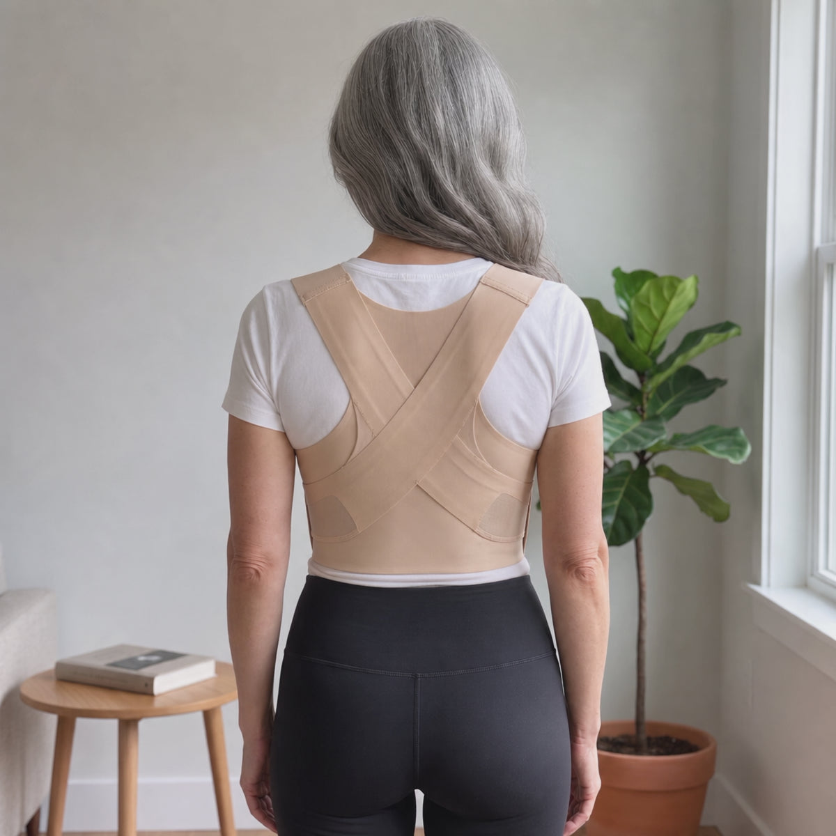 Load video: Adjustable posture corrector bra beige rear lifestyle demo