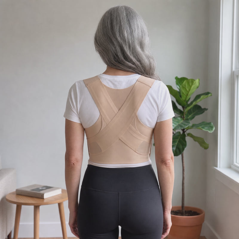Adjustable posture corrector bra beige rear lifestyle demo