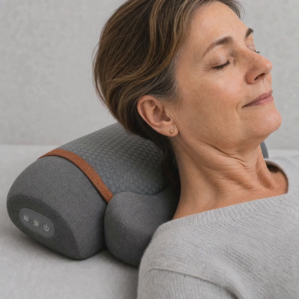 Load video: Cordless Heated Neck Massager Pillow, Rechargeable Airbag Stretch 3 Modes 3 Heat Levels, Memory Foam Mesh, 15-Min Auto-Off, Home Office Travel