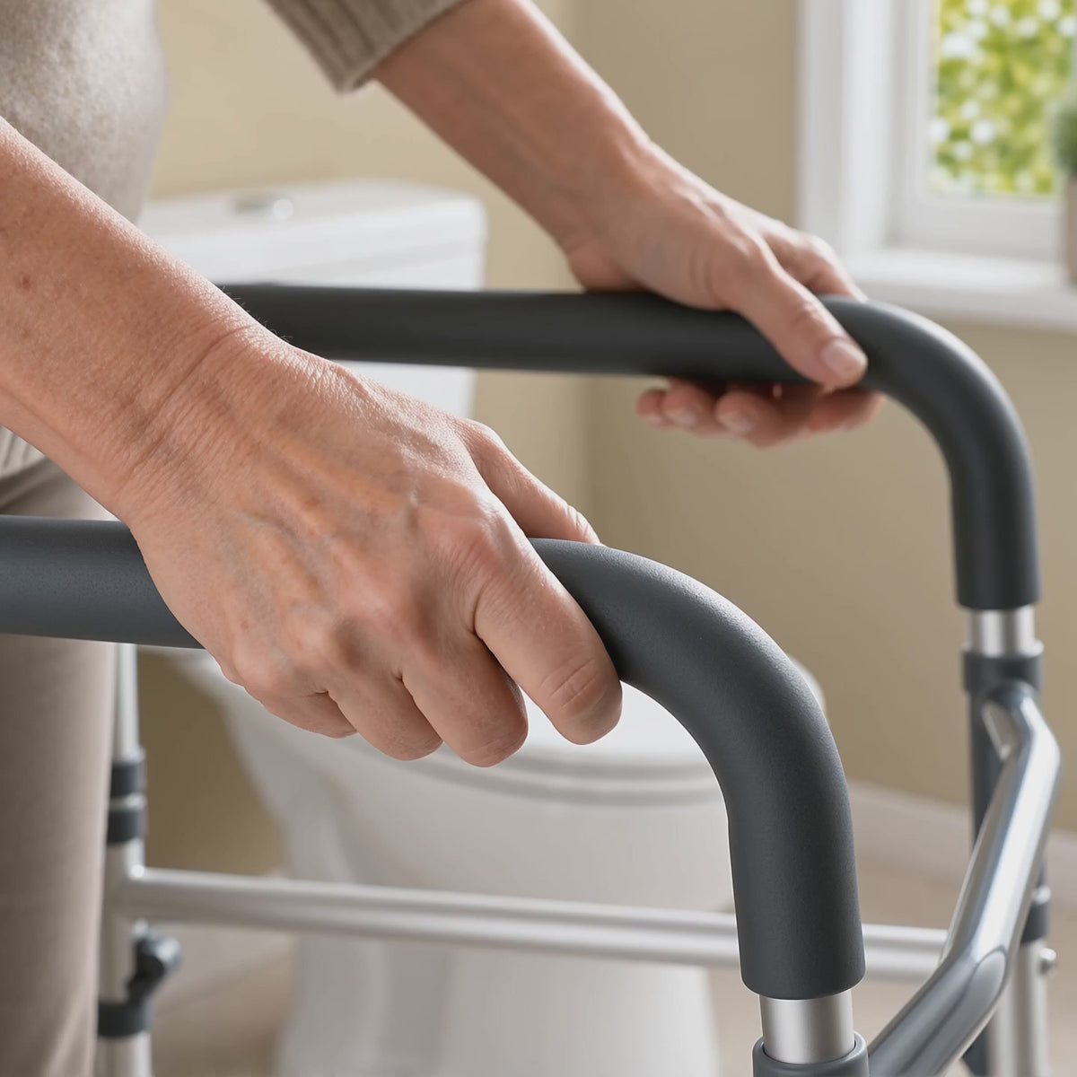 Load video: Foldable Toilet Support Bars Adjustable Aluminum Frame, 350 lb Capacity Height 24-31 In Width 20-25 In, Soft Foam Grips Multi Color Bathroom Home Use