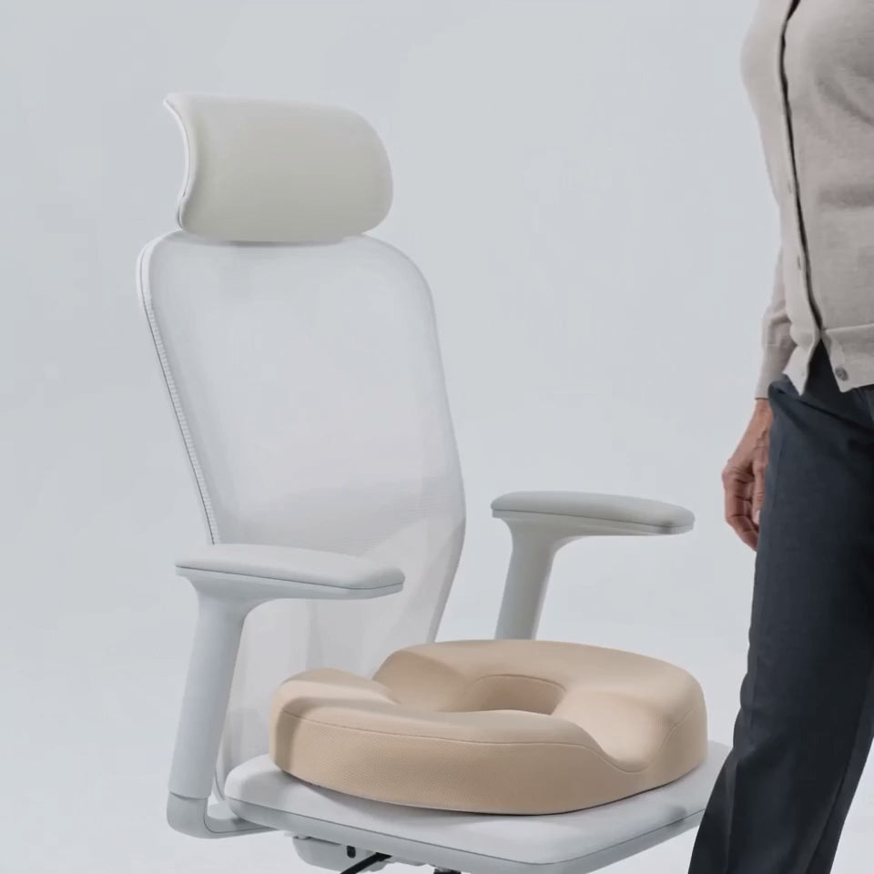 Load video: Memory Foam Donut Seat Cushion U-Shaped Ring Chair Pillow, Center Opening Washable Cover, Office Home Car Travel and Long Sitting