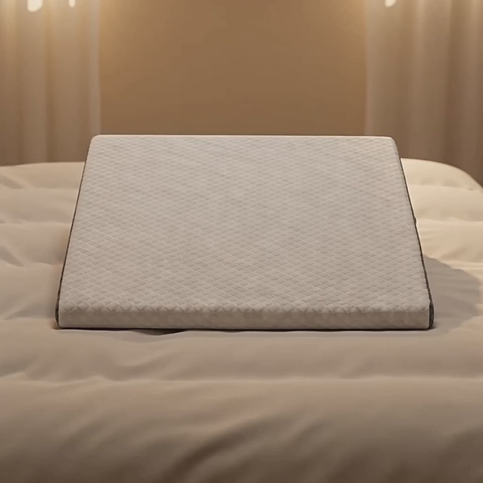 Load video: Bed Wedge Pillow Memory Foam Incline, Cooling Cover Removable Washable, Triangle or Flat Top Heights, Head Back Leg Elevation Sleep Support