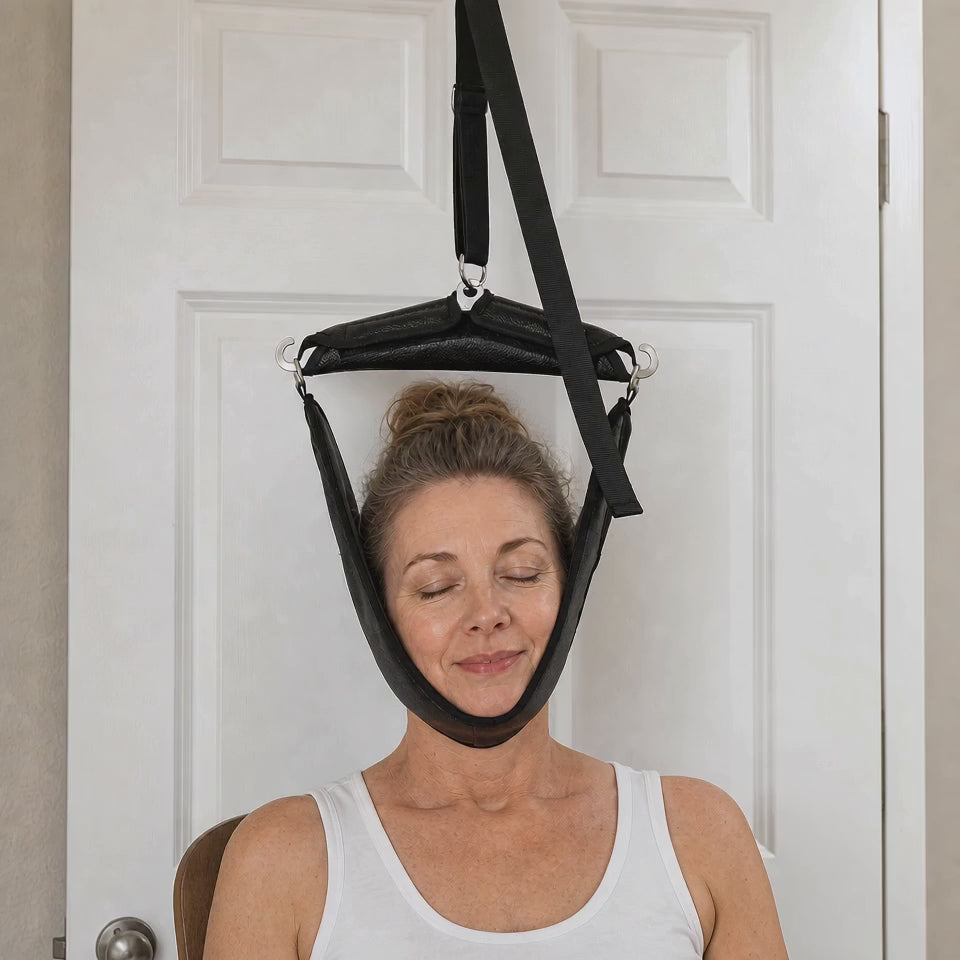 Load video: Portable Cervical Traction Neck Stretcher Door Hanger Harness Kit, Adjustable Strap, Home Office and Travel Neck Support Black Everyday Use