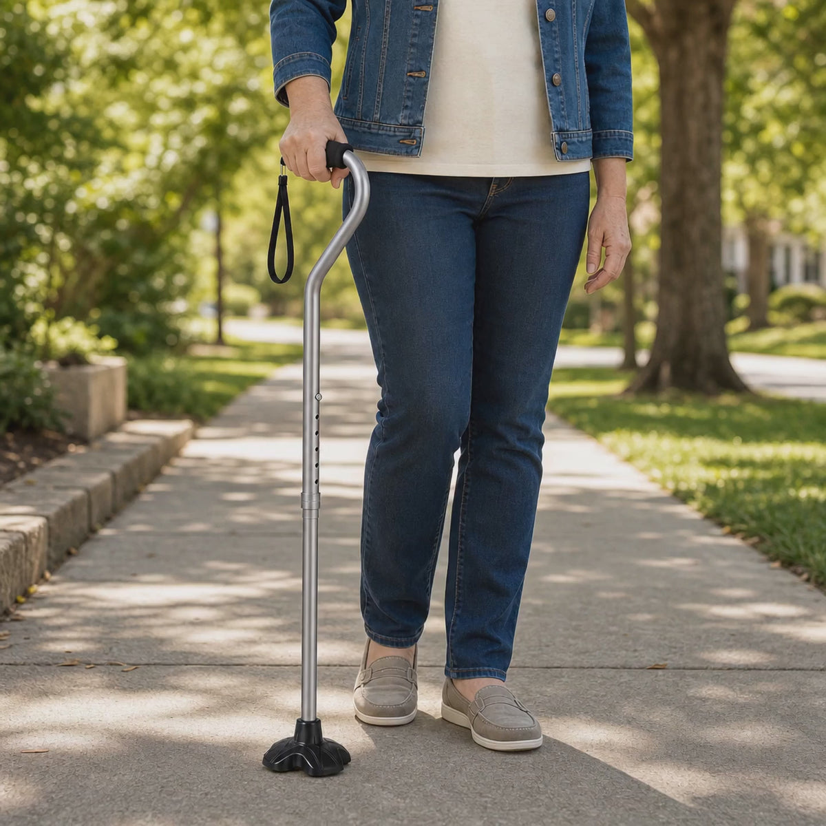 Load video: Adjustable Aluminum Folding Cane, Offset Foam Handle, Height 31-36 In, 380 lb Capacity, Travel Home Outdoor