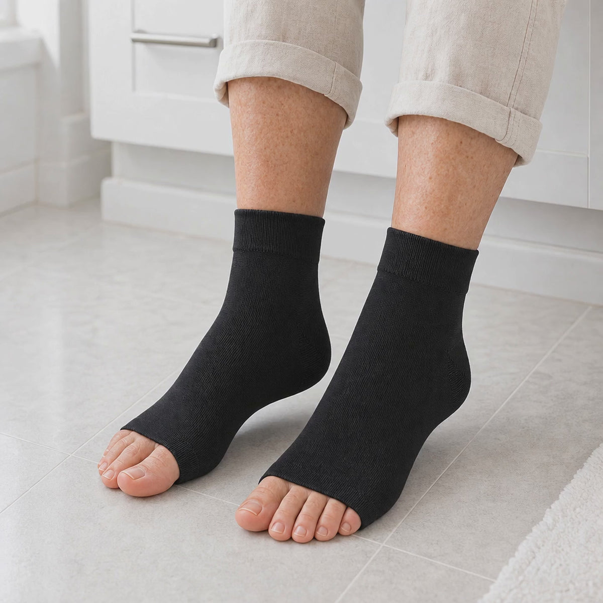 Load video: Ankle Brace Compression Sleeve Socks 2-Pack, Open Toe 8-15 mmHg Nylon Blend, Men and Women Sizes S-M to XXL, Standing Travel Work Everyday Wear