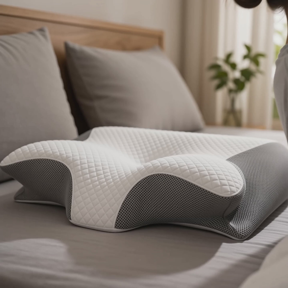 Load video: 2-in-1 Ergonomic Memory Foam Cervical Pillow Contour and Roll Sides, Dual Height Side Back Stomach Sleepers, CertiPUR-US Foam Home Bedroom Use