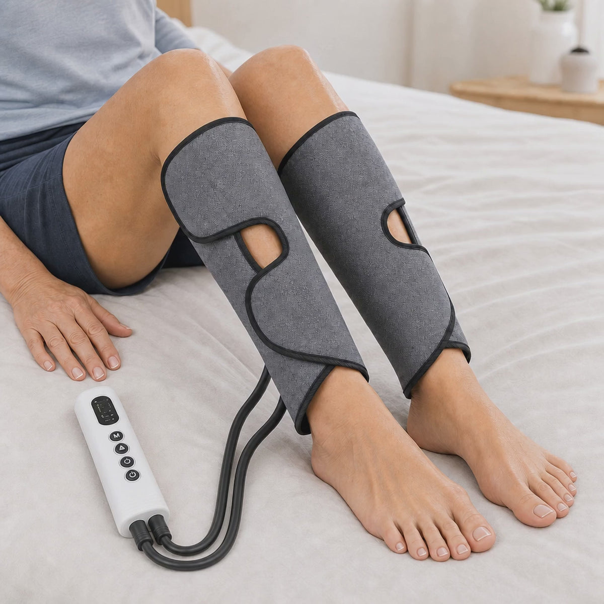 Load video: Air Compression Leg Massager 3 Modes 3 Intensities, Auto-Off Timer Handheld Controller, Fits Calves to 21 In, Travel Bag Home and Recovery Use