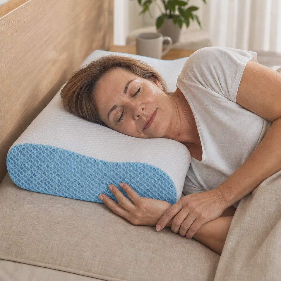 Load video: Ergonomic Memory Foam Cervical Pillow Contour 2 Heights, Breathable Washable Cover, Side Back and Stomach Sleepers, Home Bedroom Everyday Use