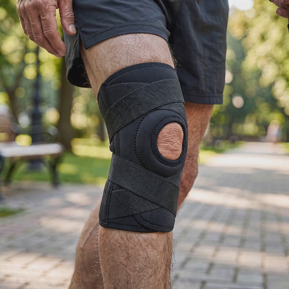 Load video: Knee Brace Side Spring Stabilizers Open Patella X Straps, Adjustable Breathable Support, Men and Women Sizes S-XXL, Walking Workouts Everyday Wear