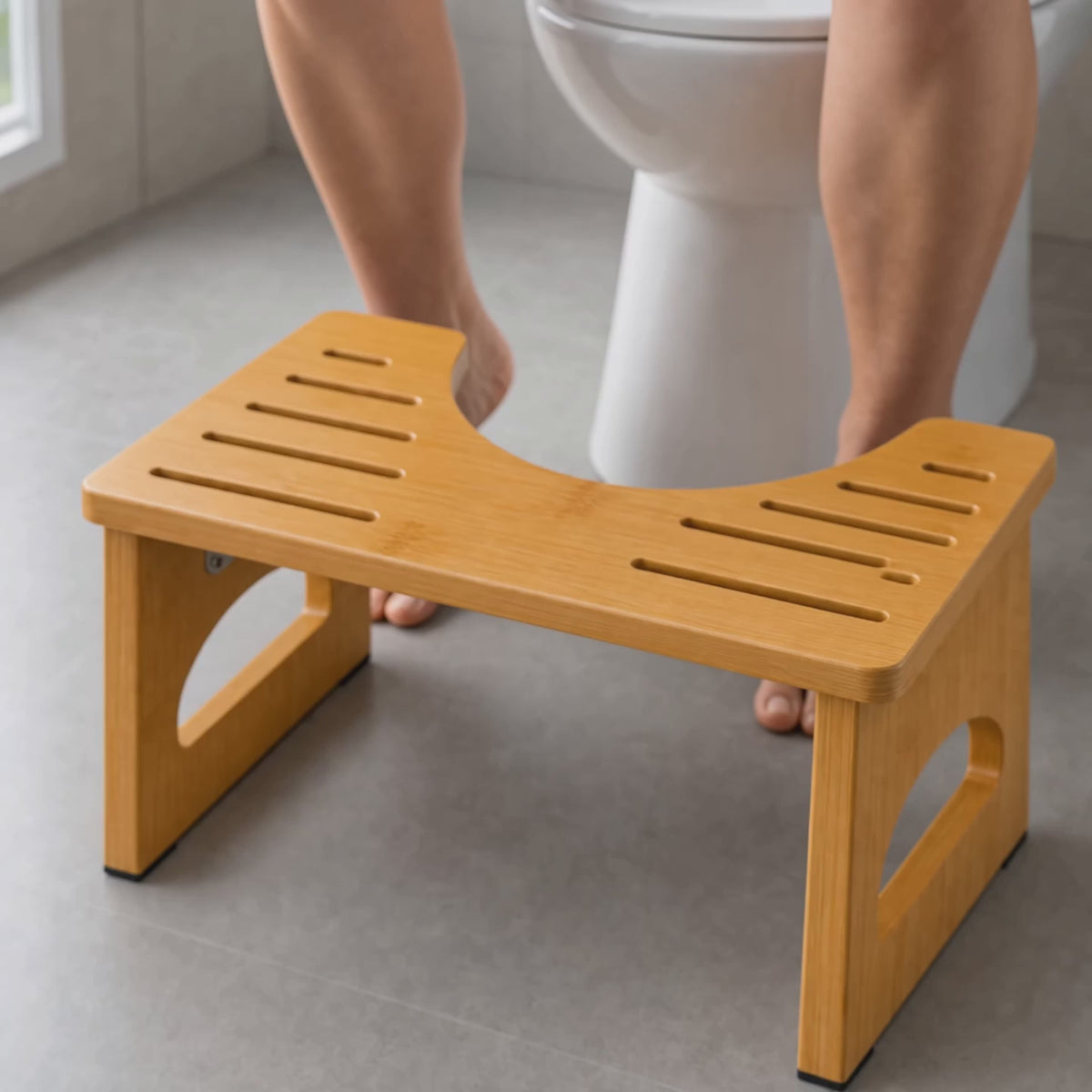 Load video: Bamboo Squatting Toilet Stool 7 Inch, Foldable Bathroom Step Stool with Non-Slip Pads, up to 300 lb Capacity, Home Bathroom Everyday Use